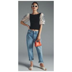 NWOT Anthropologie Maeve Silk Embroidered Puff Sleeve Sweater Top in Black  S